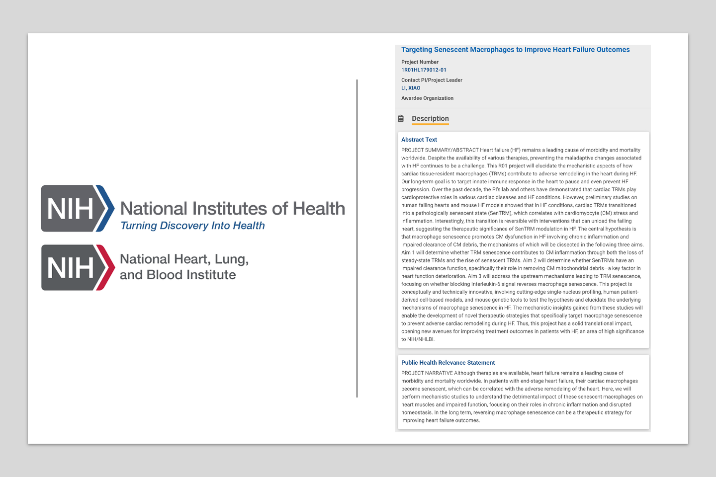 NIH/NHLBI R01 funding awarded